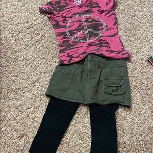 Pink Camo Peace Sign Top with Green Skirt and Black Leggings